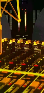 Audio mixer with microphone in vibrant yellow lighting.