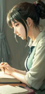 Anime girl studying at desk by sunlit window, artistic illustration.