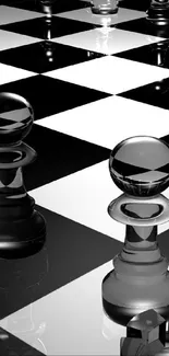 3D chess board with glossy black and white pieces.