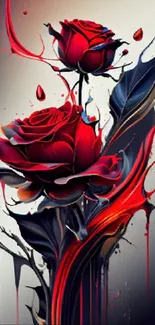 Abstract painting of vibrant red roses with artistic splashes.