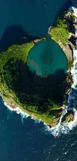 Aerial view of a lush, green island surrounded by ocean.