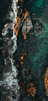 Aerial view of rocky coastline and turquoise ocean.