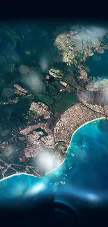 Aerial view of city and coastline with deep blue ocean and lush greenery.