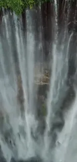 Aerial view of a stunning waterfall with lush green foliage on a mobile wallpaper.