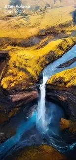 Aerial view of waterfall with yellow and blue landscape.