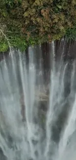 Aerial view of a stunning waterfall amidst lush greenery.