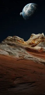 Stunning alien planet landscape with rocky terrain under a starry sky.