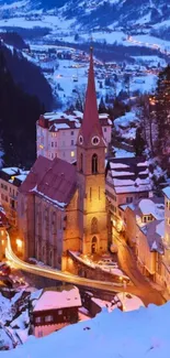 Alpine village at dusk with snow-capped rooftops and glowing evening lights.