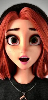 Animated girl with red hair and a black hat, expressing surprise.