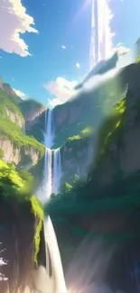 Beautiful animated waterfall landscape with bright colors for mobile wallpaper.