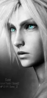 Anime character with captivating blue eyes in monochrome design.