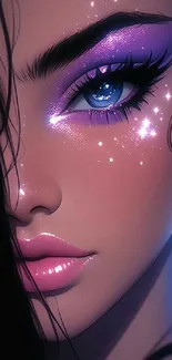 Close-up of an anime character with sparkling purple makeup.