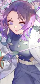 Anime character surrounded by butterflies and flowers in purple hues.