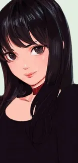 Anime girl with dark hair and a playful expression on a pastel background.