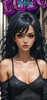 Anime girl with black hair and captivating eyes against a vibrant background.