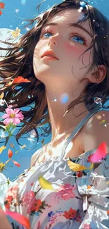 Anime girl with flowers under blue sky.