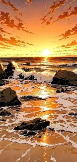 Anime ocean sunset with vibrant waves and glowing sky.