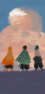 Anime characters under a vibrant sky with pastel clouds.