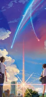 Anime wallpaper featuring vibrant sky and two characters gazing at celestial scene.