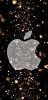 Glowing Apple logo with golden sparkles on a black background.