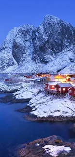 Arctic village with snowy cabins and twilight sky.