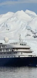 Cruise ship in Arctic waters with snow-covered mountains.