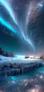 Stunning arctic night sky with auroras over ice landscape.