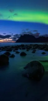 A stunning night beach with aurora lights in the sky.