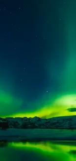 Vibrant aurora borealis over snowy mountains and a starry sky.