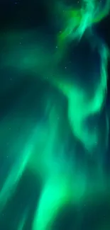 Vibrant emerald green aurora borealis lights up the night sky.