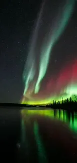 Aurora Borealis reflecting over a serene lake under a starry night sky.