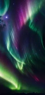 Vibrant aurora borealis lights up night sky on mobile wallpaper.