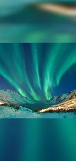 Aurora borealis over snowy mountains under a starry night sky.