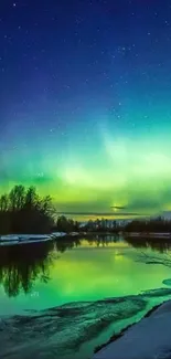 Aurora Borealis over a calm reflective lake at night.