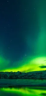 Vibrant green aurora borealis over snowy mountains at night.