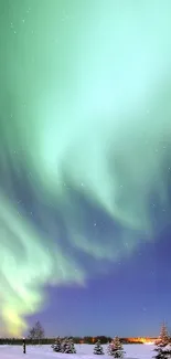 A vibrant aurora borealis over a snow-covered landscape at night.