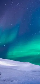 Vivid Aurora Borealis lights over snowy landscape.