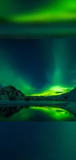 Aurora borealis over snowy mountains with starry night sky.