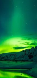 A vivid Aurora Borealis lights up a snowy landscape under a starry sky.