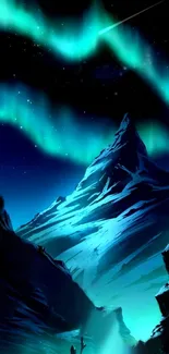 Majestic mountain under bright aurora lights with starry sky backdrop.