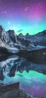 Aurora borealis over mountains reflected in serene water at night.