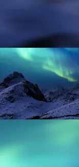 Northern Lights over a snowy mountain landscape wallpaper.