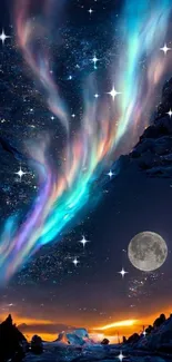 Aurora lights dance across a starry night sky, with a full moon and a colorful horizon.