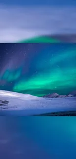 Aurora borealis over snowy mountains under a starry sky in this mobile wallpaper.