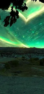 Aurora borealis night sky with stars above a serene landscape.