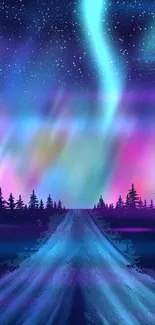 Illustration of a vibrant aurora borealis night sky over a snowy path.