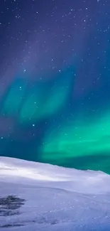 Aurora borealis over snowy landscape and starry sky.