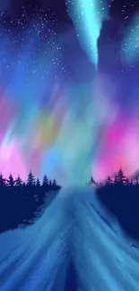 Vibrant aurora night sky wallpaper with colorful hues over a forest scene.