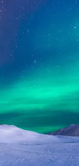 Captivating aurora over snowy mountains under a starry night sky.