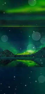 Vivid green aurora borealis over snowy mountains and reflective water at night.